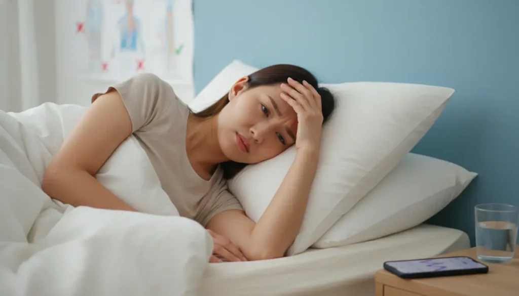 枕の高さが合わなくてだるそうにしている女性