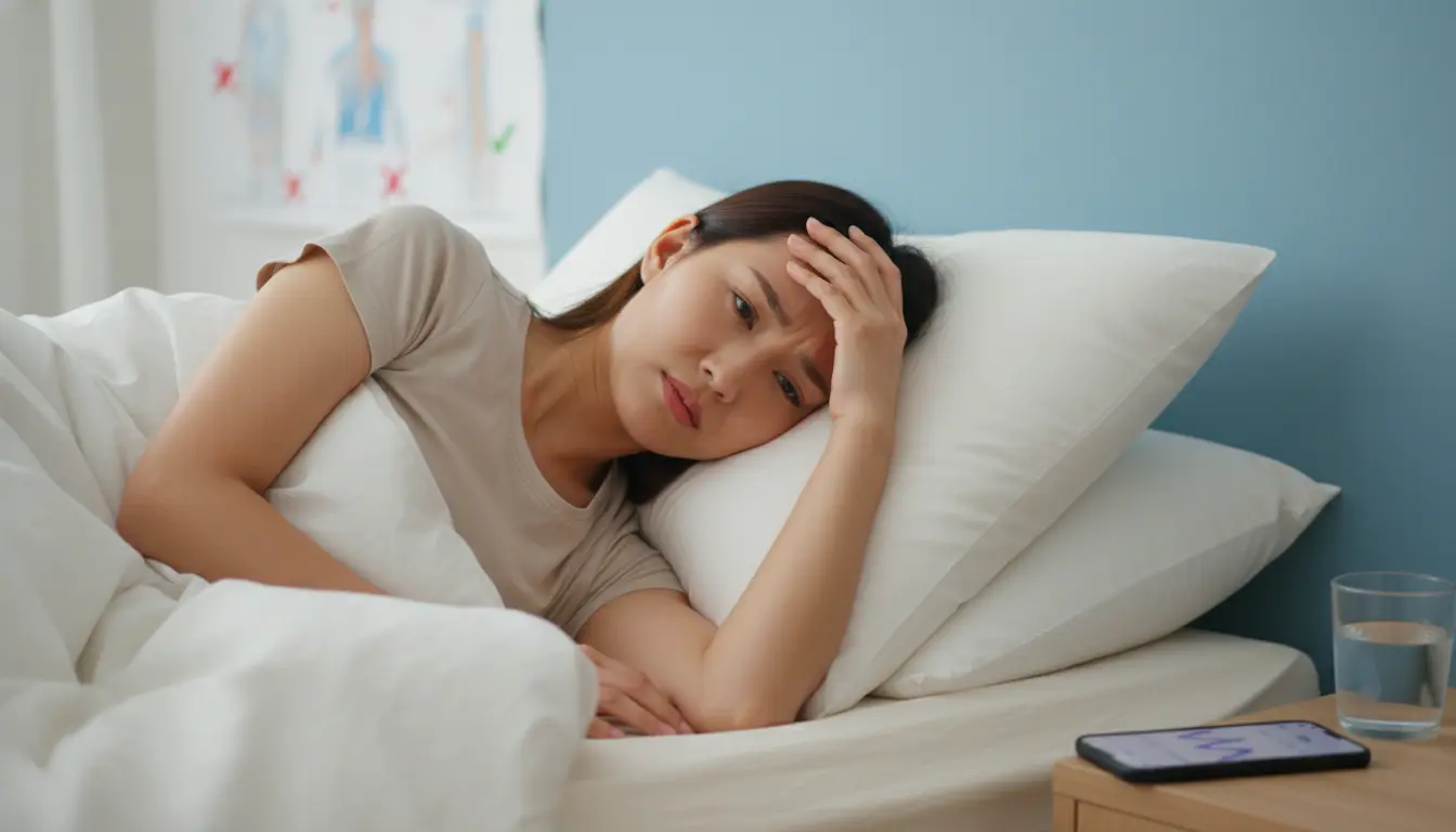 枕の高さが合わなくてだるそうにしている女性