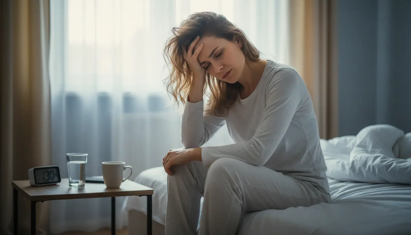 寝起きの頭痛でだるい女性