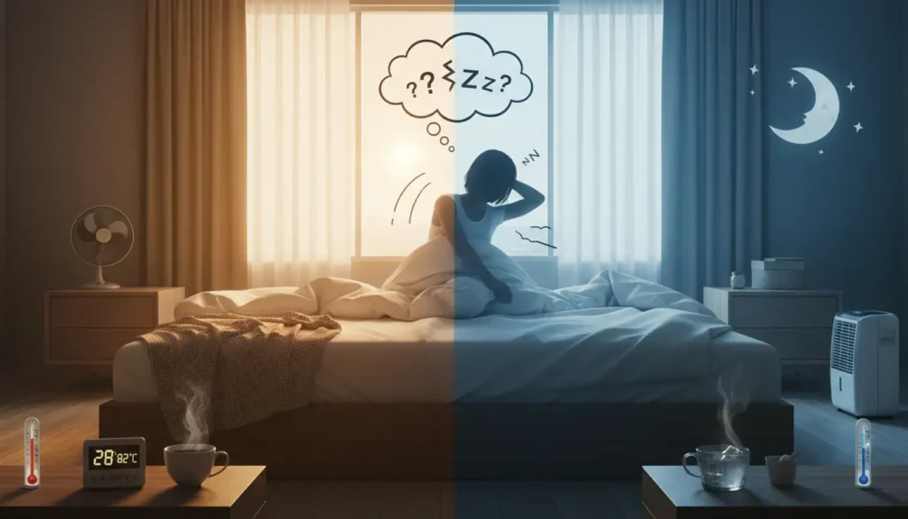 暑い部屋寒い部屋でよく眠れていない様子